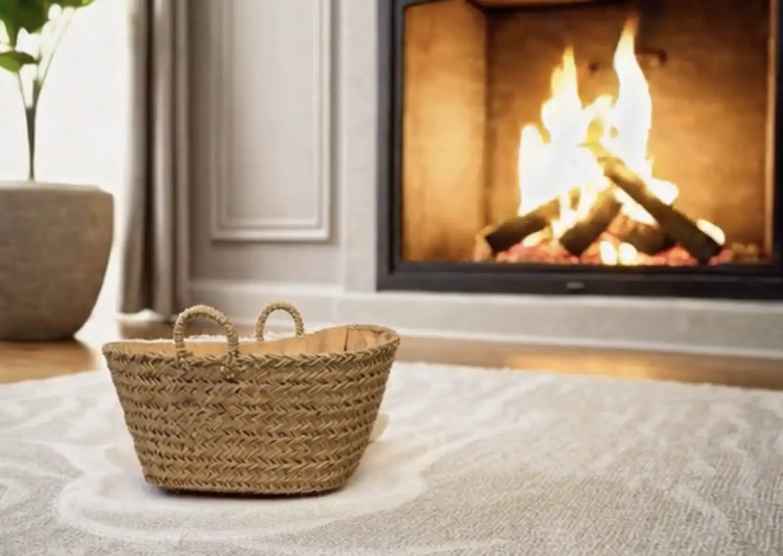 Leñero de esparto de Artesanía Fibranature Luque con chimenea.