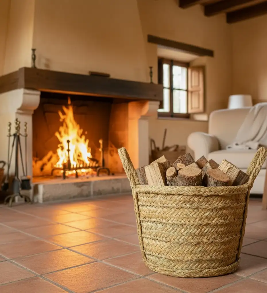 Leñero de esparto con palo de leña en habitación con chimenea. Leñeros de Artesanía Fibranature Luque