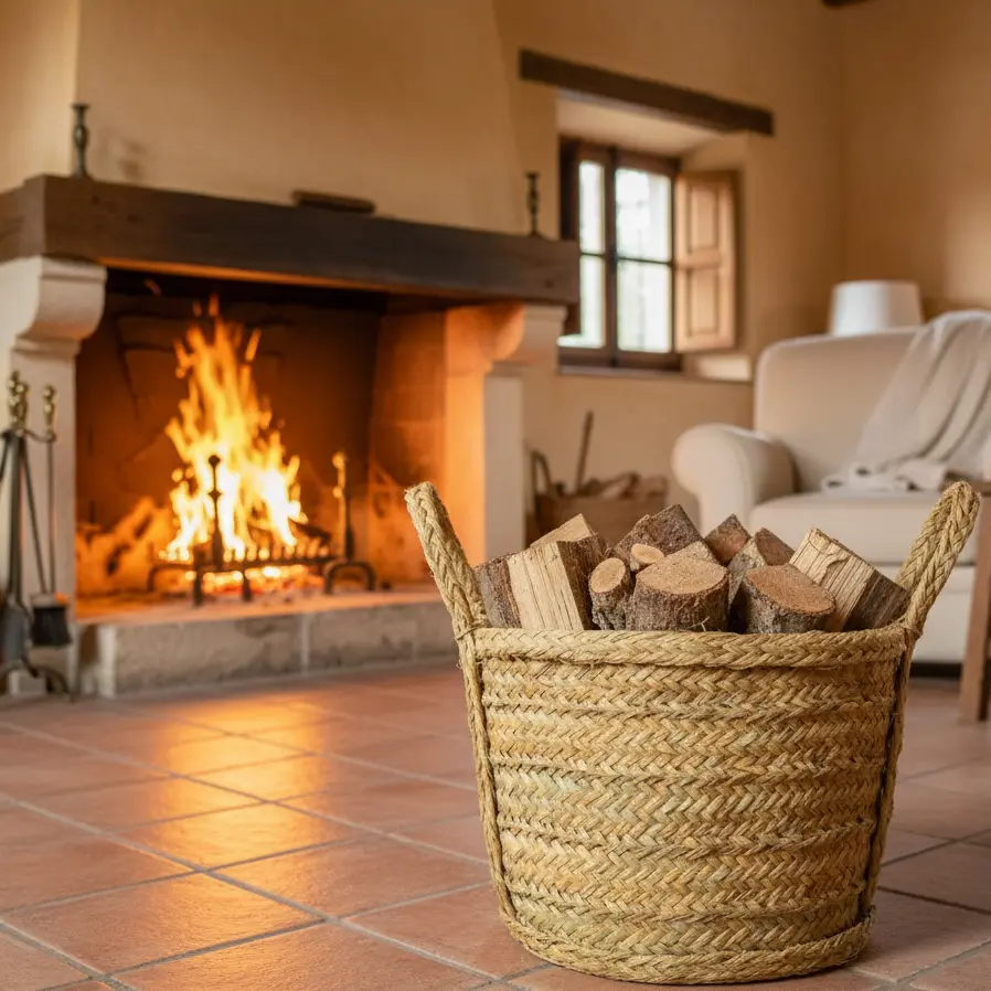 Leñero de esparto con palo de leña en habitación con chimenea. Leñeros de Artesanía Fibranature Luque