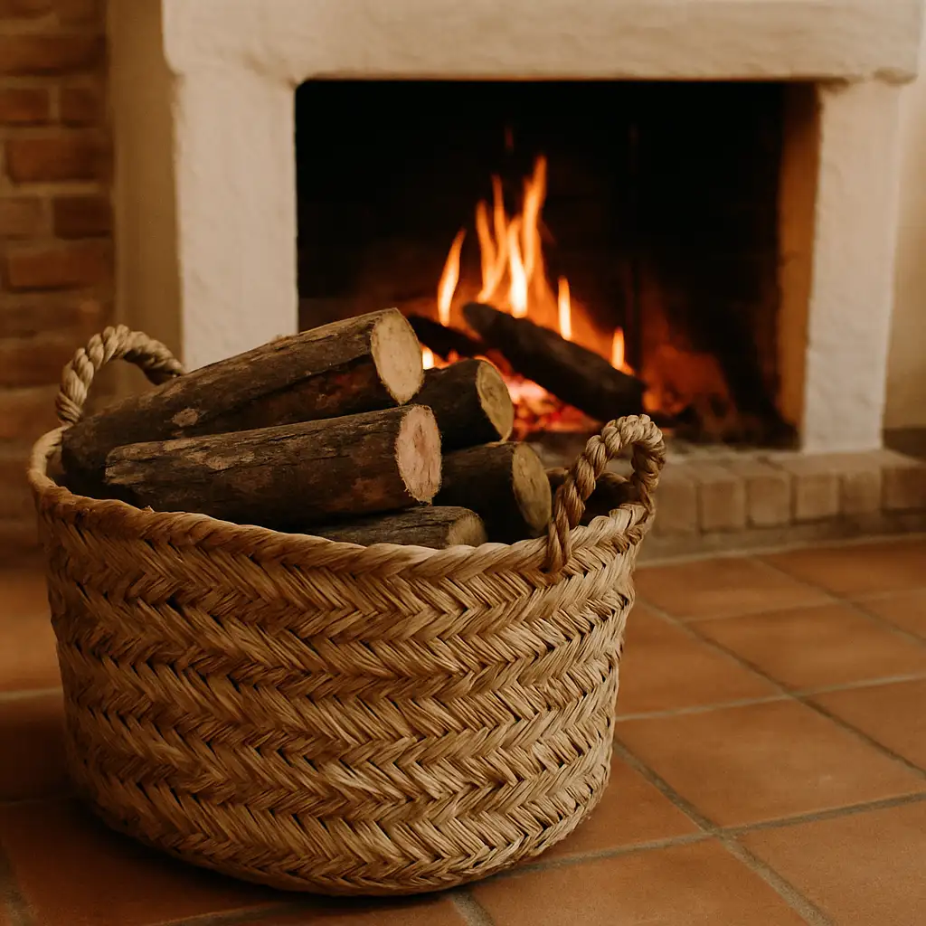 Leñero de esparto de Artesanía Fibranature Luque con chimenea.