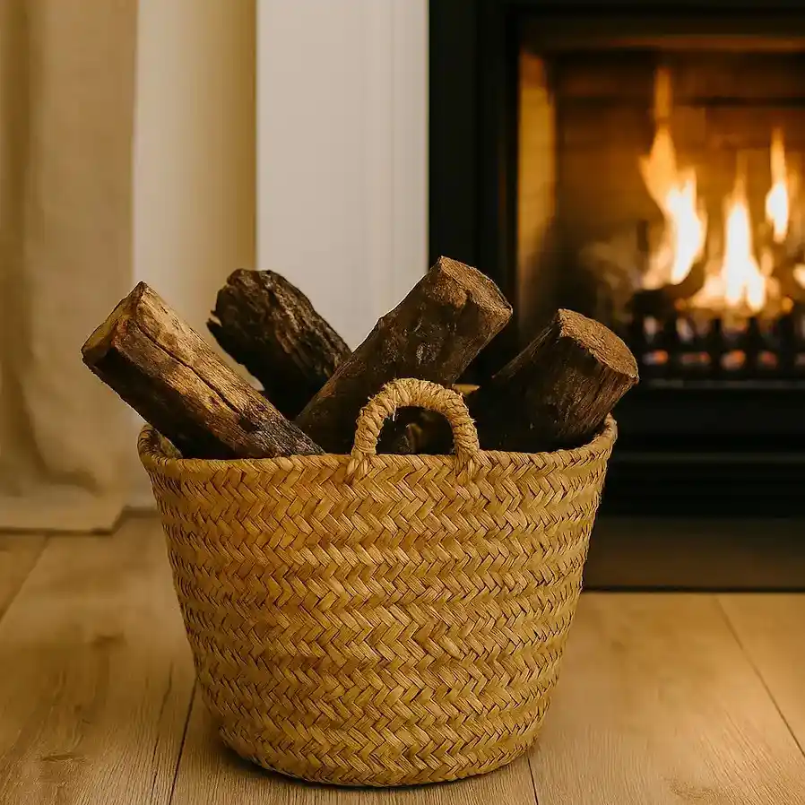Leñero de esparto de Artesanía Fibranature Luque con chimenea.