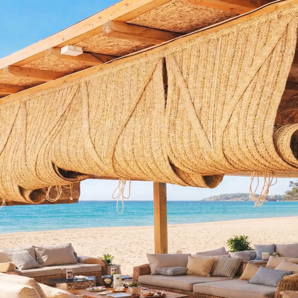 Persiana de esparto en pergola en chiringuito de playa