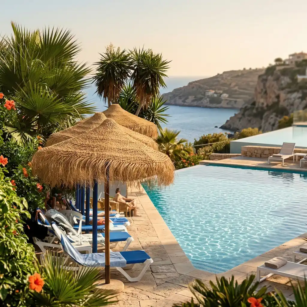 Sombrillas de esparto en piscina con vista al mar