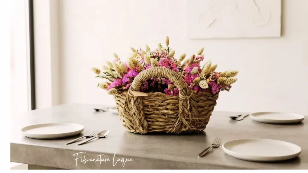 Decoración otoño casa - cestas artesanal con flores en mesa
