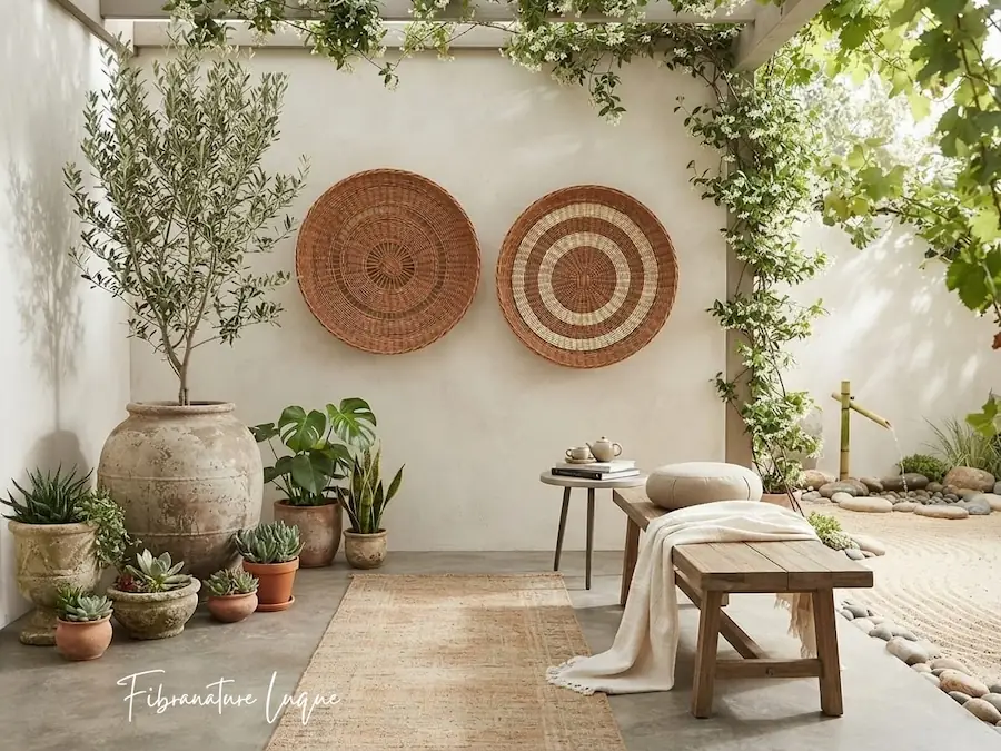 Decoración otoño casa - cestas rattan en patio