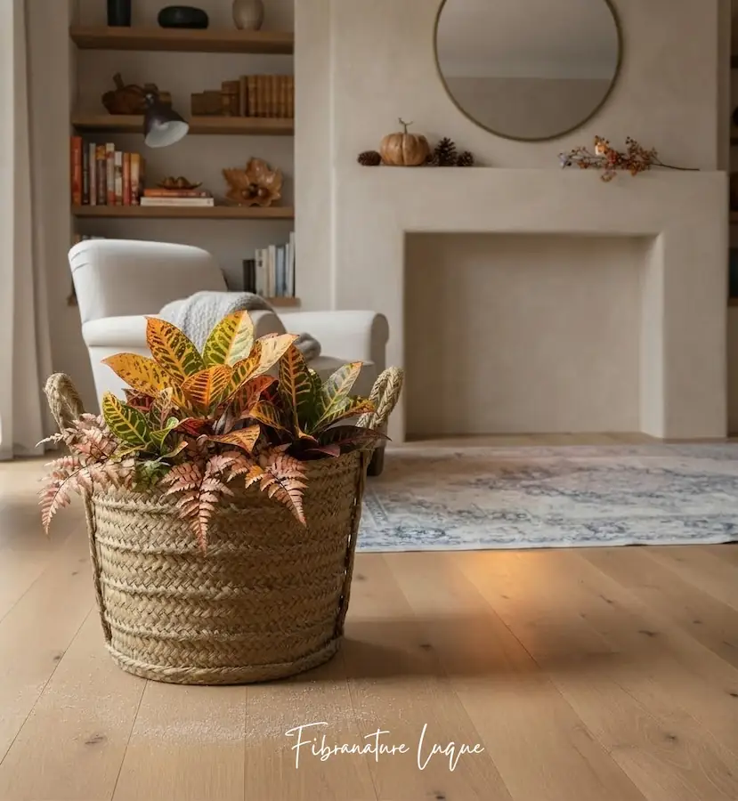 Decoración otoño casa - leñero de esparto como macetero